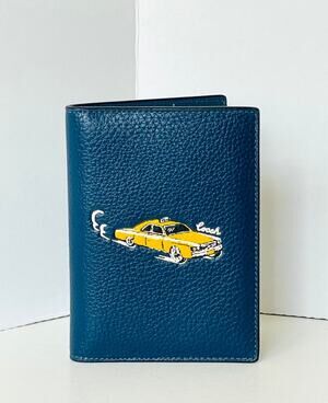 Coach Passport Card Case Vintage Car Print Blue Leather CEK62